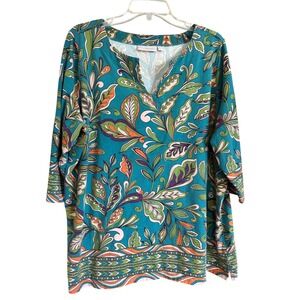 Belle Kim Gravel 2X TripleLuxe Knit Teal Green Floral Print 3/4 Sleeve Tunic Top